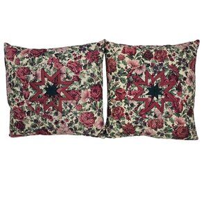 Handmade Quilted 14" Square Throw Pillow Floral Folded Star Starburst Pair‎ 2